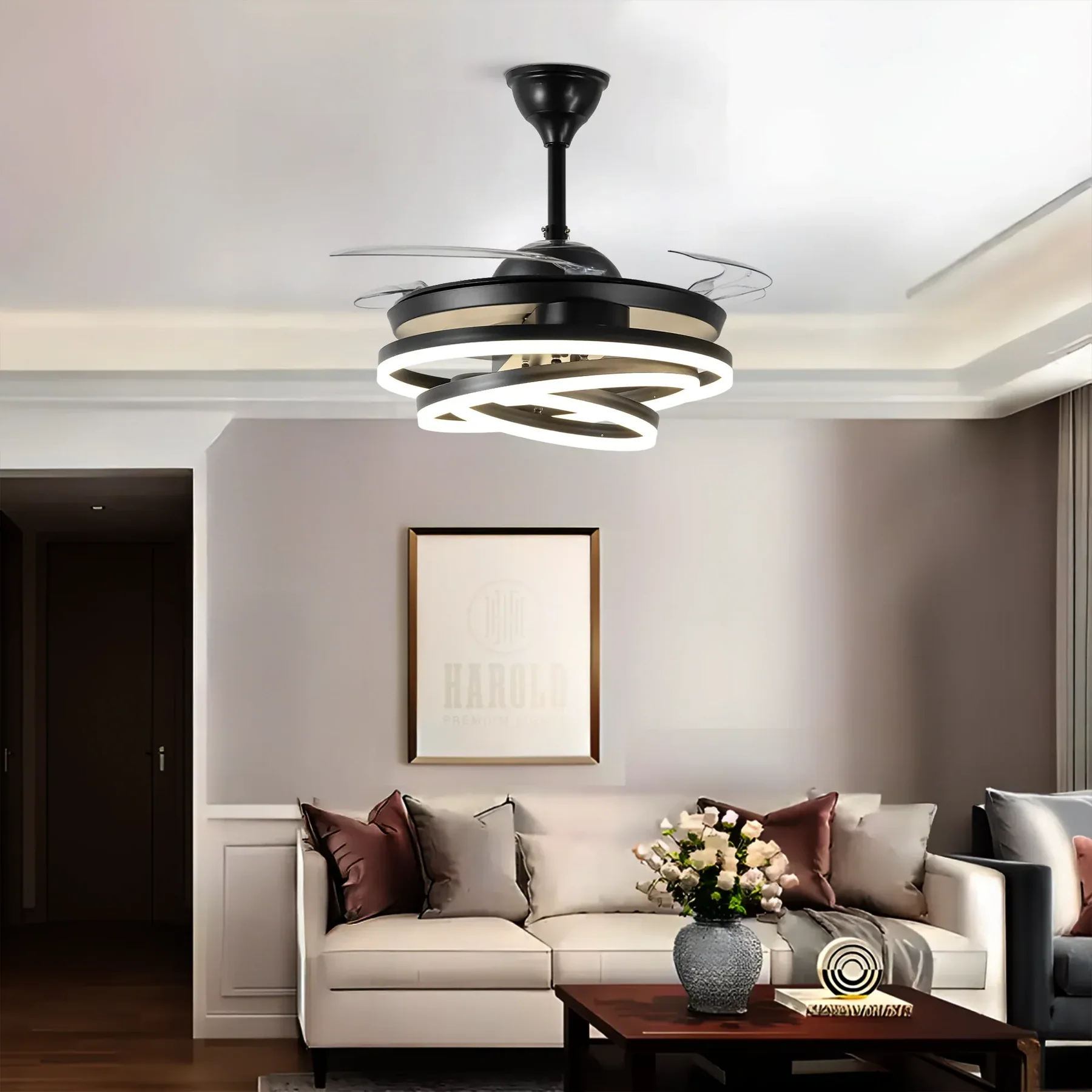 Modern Gold Retractable Ceiling Fan with 3 in 1 LED Light  Indoor GLOW MAHAL.