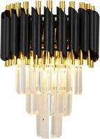 Modern wall light fixture with black and gold design on a white background
