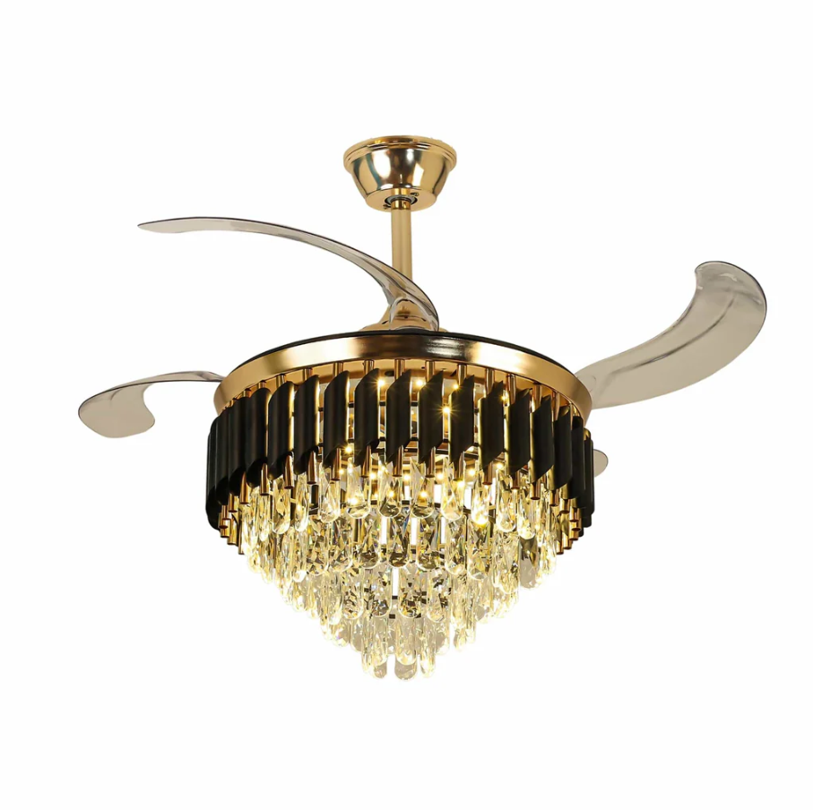Elegant chandeliers and ceiling fans by Glow Mahal featuring the exquisite Black Mamba chandelier design