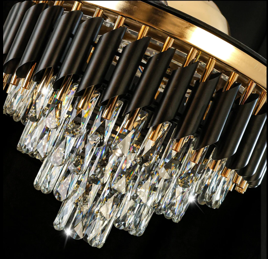 Elegant chandeliers and ceiling fans by Glow Mahal featuring the exquisite Black Mamba chandelier design