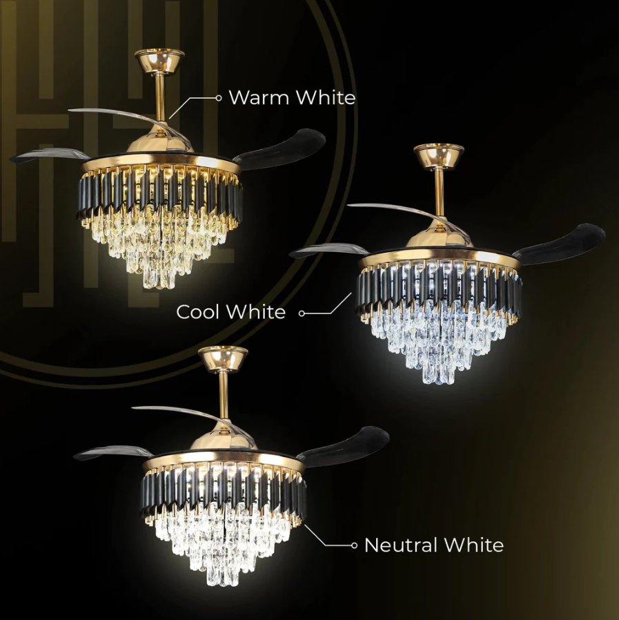 Elegant chandeliers and ceiling fans by Glow Mahal featuring the exquisite Black Mamba chandelier design