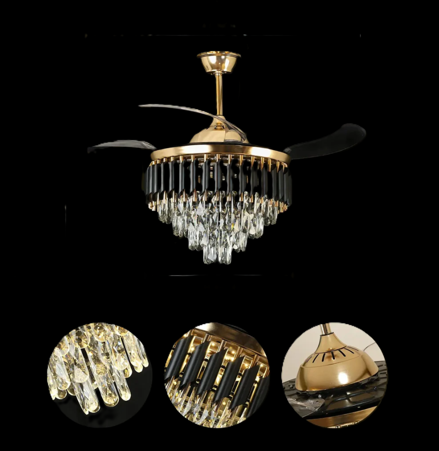 Elegant chandeliers and ceiling fans by Glow Mahal featuring the exquisite Black Mamba chandelier design