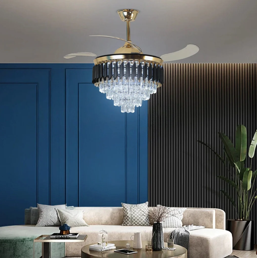 Elegant chandeliers and ceiling fans by Glow Mahal featuring the exquisite Black Mamba chandelier design