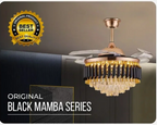 Elegant chandeliers and ceiling fans by Glow Mahal featuring the exquisite Black Mamba chandelier design