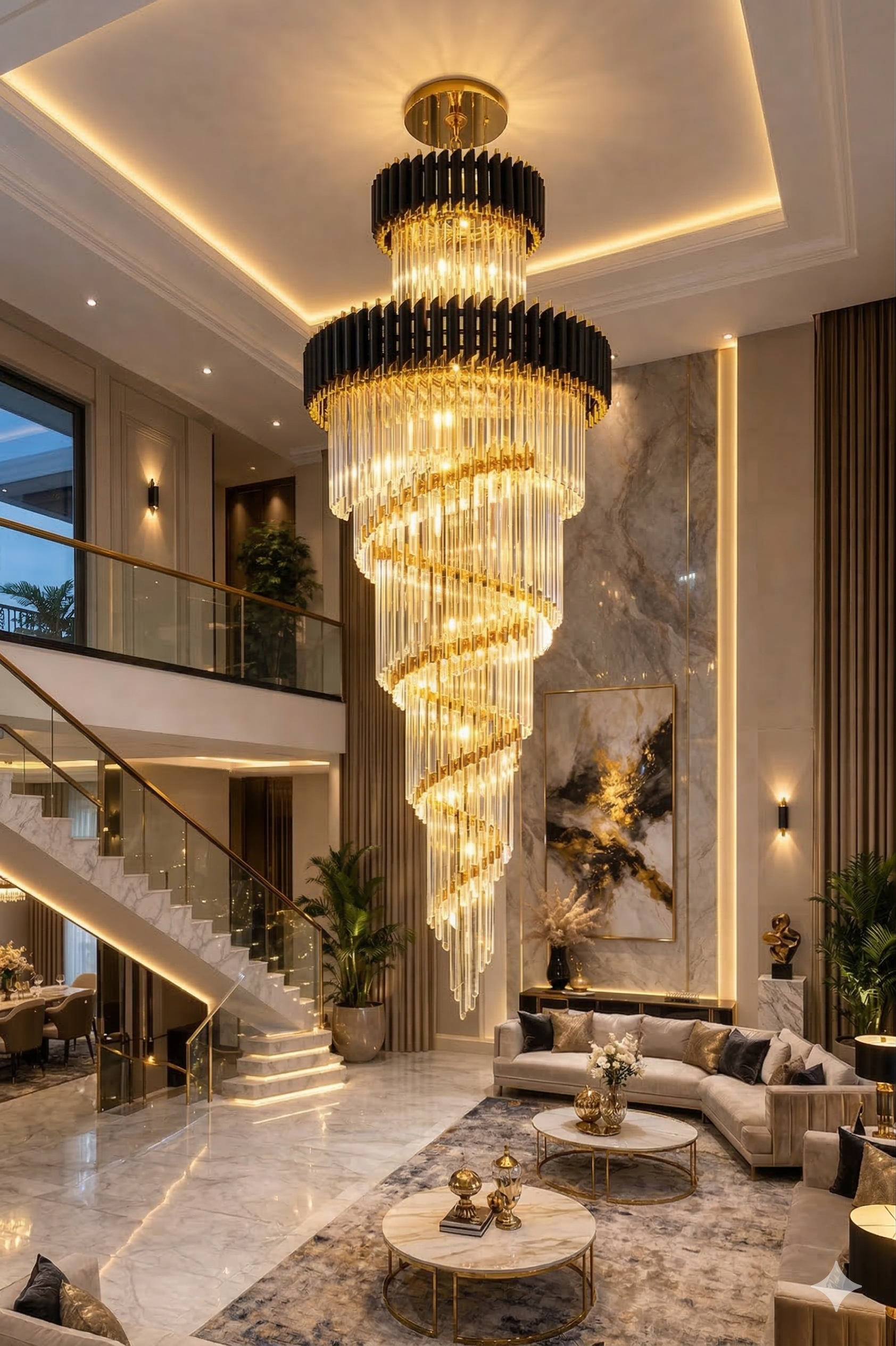 Black gold spiral chandelier for duplex staircase lighting