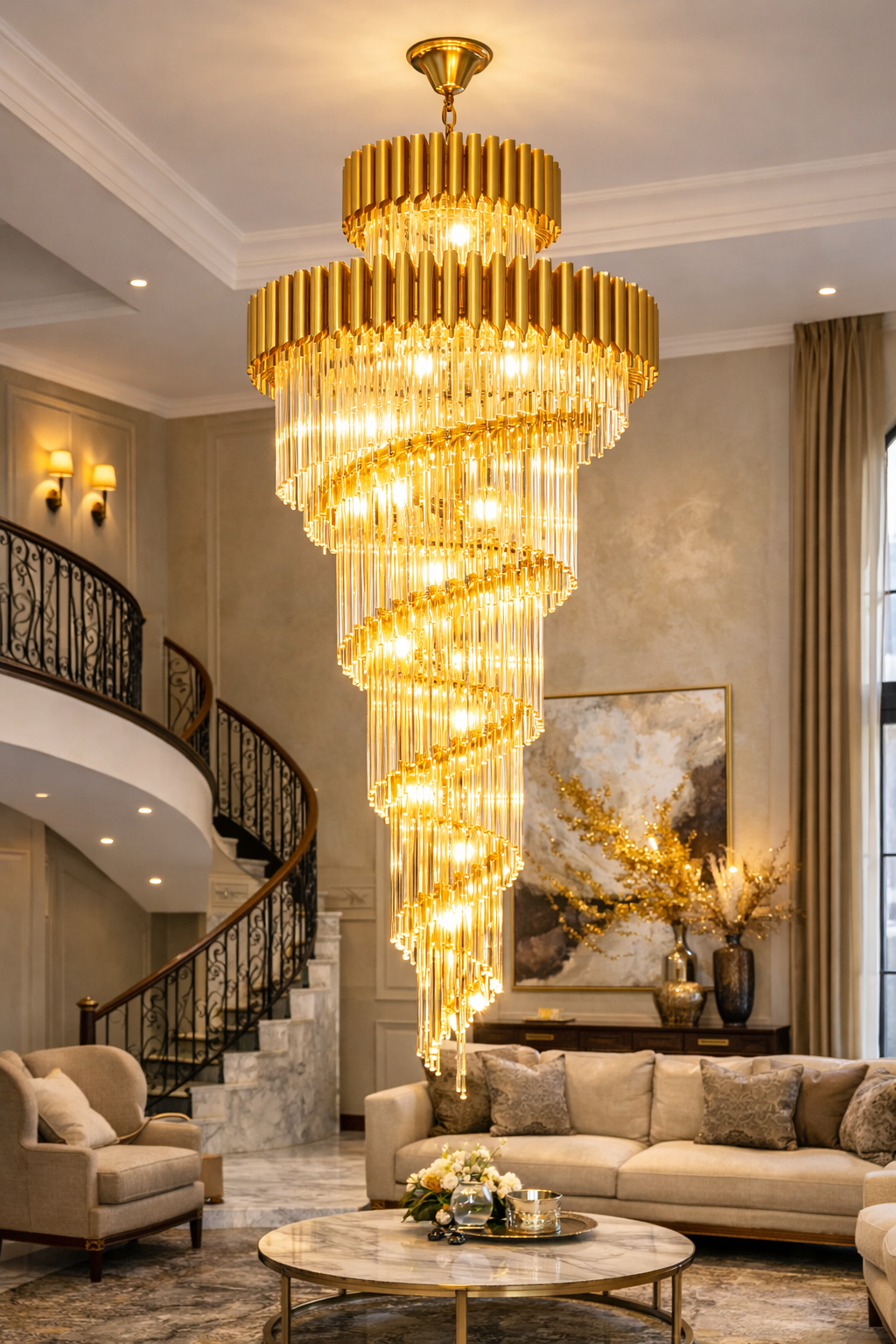 Black gold spiral long chandelier for duplex living room and staircase lighting