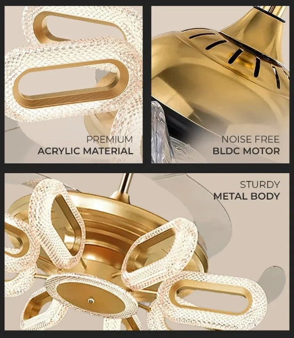 Gold ceiling light fixture with close-up details on material, motor, and body.