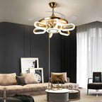 Modern living room with a stylish ceiling fan light fixture.