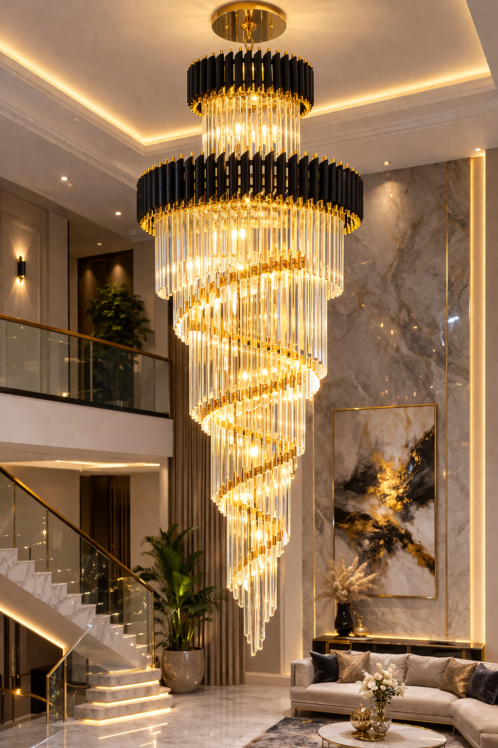 Black gold spiral long chandelier for duplex living room and staircase lighting