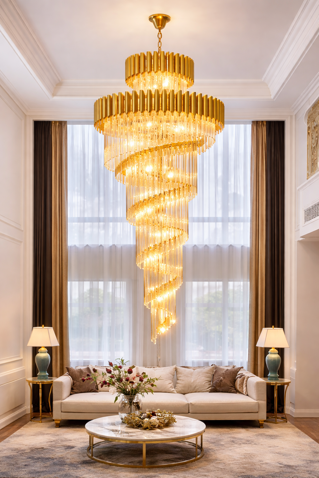 Black gold spiral long chandelier for duplex living room and staircase lighting