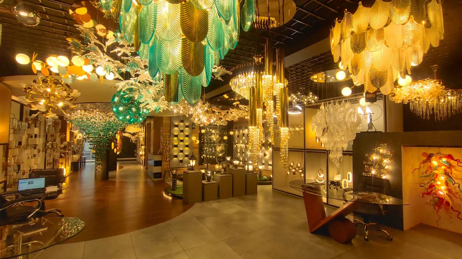 Luxurious interior with hanging chandeliers and modern decor