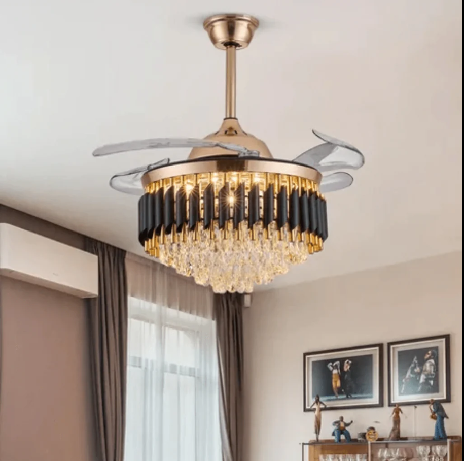 Elegant chandeliers and ceiling fans by Glow Mahal featuring the exquisite Black Mamba chandelier design