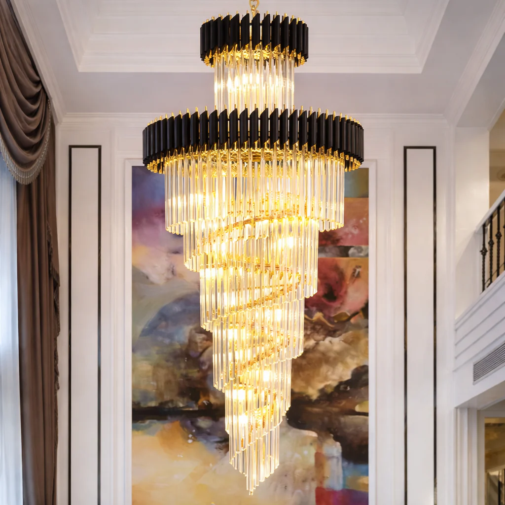 Black gold spiral long chandelier for duplex living room and staircase lighting