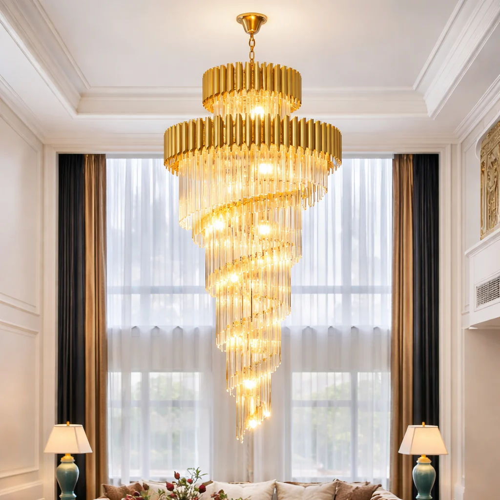 Black gold spiral long chandelier for duplex living room and staircase lighting