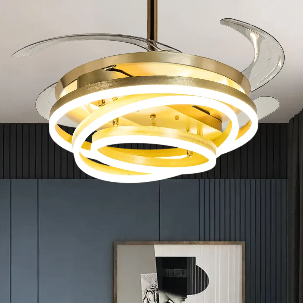 Modern Gold Retractable Ceiling Fan with 3 in 1 LED Light  Indoor GLOW MAHAL.